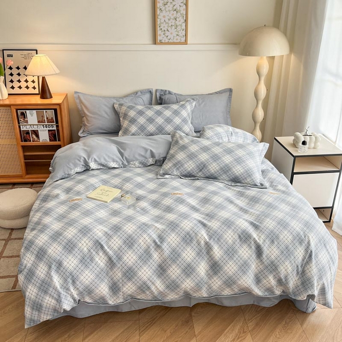 91家纺网 家纺一手货源 找家纺 新印象 2025新款全棉生态磨毛印花四件套苏米浅蓝格