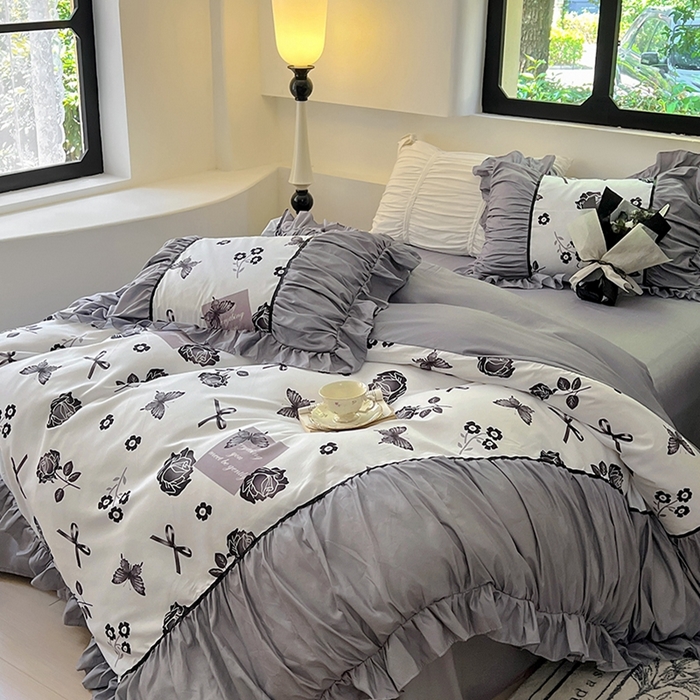 91家纺网 家纺一手货源 找家纺 春光里 2024新款法式大花边亲肤磨毛四件套 玫瑰蝶影