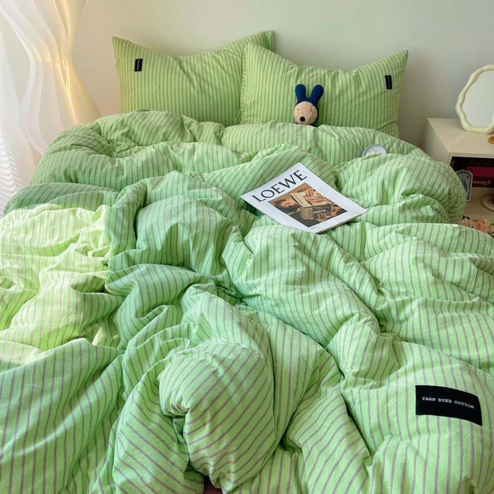 91家纺网 家纺一手货源 找家纺 呗旺鹿 2024新款A类全棉色织水洗棉马卡龙系列四件套 可乐绿紫