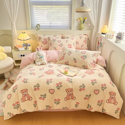 2024新款小清新牛奶绒高克重加厚保暖四件套 玫瑰小熊
