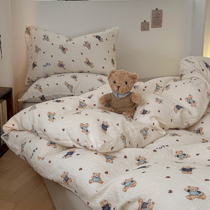 91家纺网 家纺一手货源 找家纺 洋铭区（原狠狠爱） 2024新款皱皱纱四件套 傻傻熊