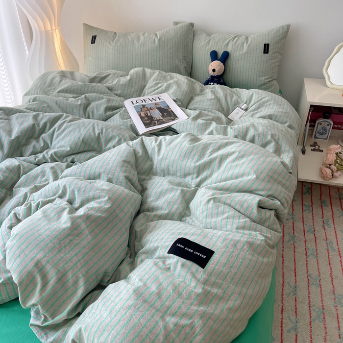 91家纺网 家纺一手货源 找家纺 呗旺鹿 2024新款A类全棉色织水洗棉马卡龙系列四件套 可乐绿灰