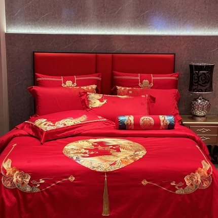2025新款长绒棉长绒棉贡缎提花款新中式古典韵味精美刺绣婚庆四件套多件套 龙凤情深