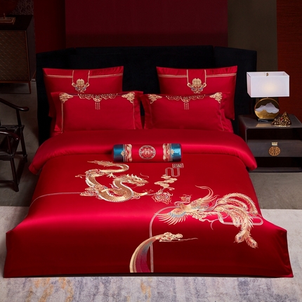 2025新款长绒棉长绒棉贡缎提花款新中式古典韵味精美刺绣婚庆四件套多件套 龙腾风悦