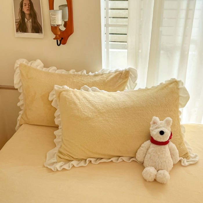 91家纺网 家纺一手货源 找家纺 星座家纺 2025新款牛奶绒花边床裙款四件套 床裙款-柠檬黄