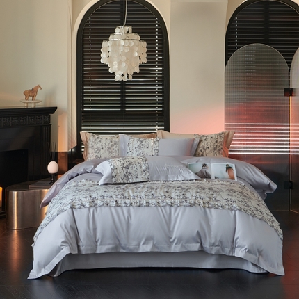 91家纺网 家纺一手货源 找家纺 时亿家居 2024新款100支长绒棉雅馨系列四件套 雅馨蓝灰