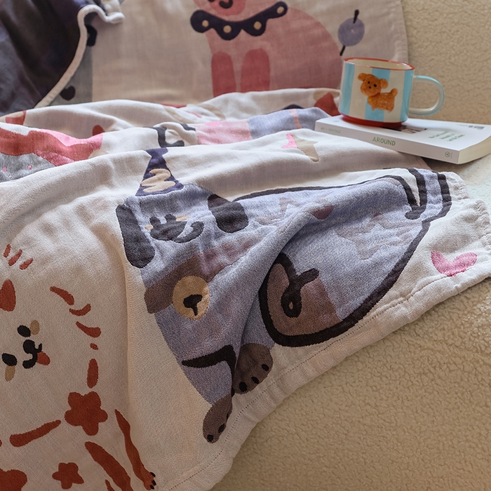 91家纺网 家纺一手货源 找家纺 雯雨家纺 2024新款四层全棉纱布浴巾加大毛巾80*160cm 漫画狗