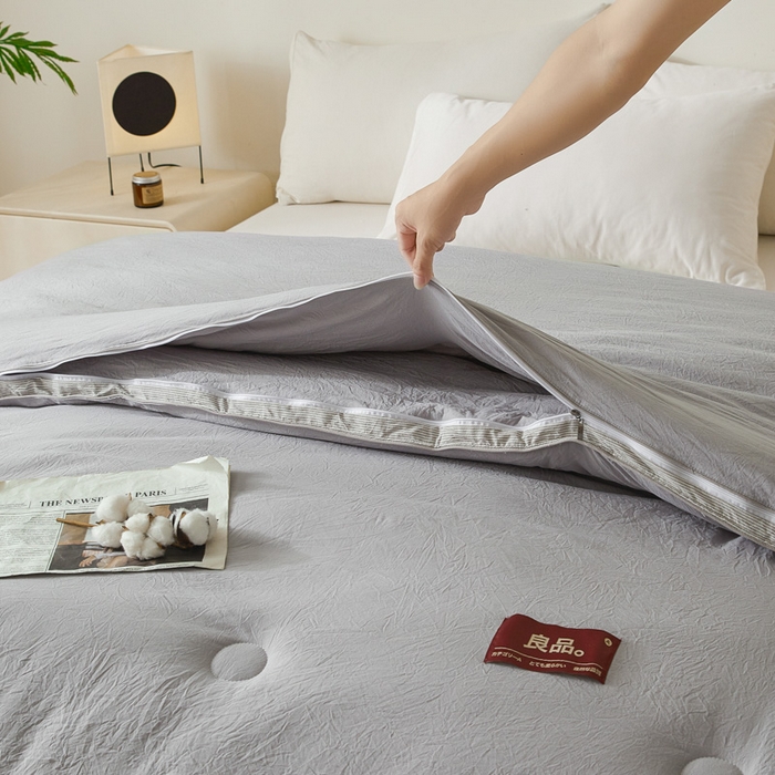 91家纺网 家纺一手货源 找家纺 创优家纺 2025新款良品针织棉子母被春秋被冬被二合一拉链款子母被 立体条纹-浅灰