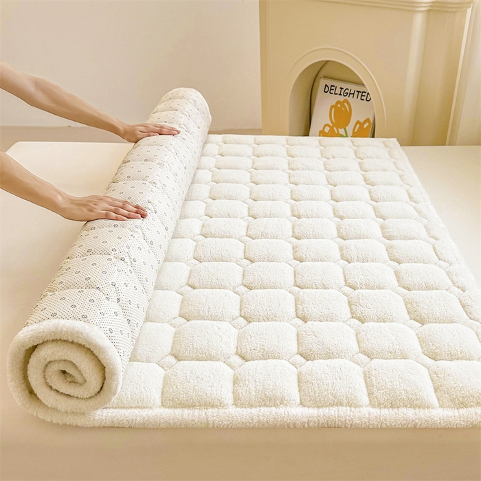 91家纺网 家纺一手货源 找家纺 雯豆家纺 2024新款泰迪绒床垫床护垫加厚北极绒床褥子印花小清新床垫子 泰迪绒床褥-奶昔白