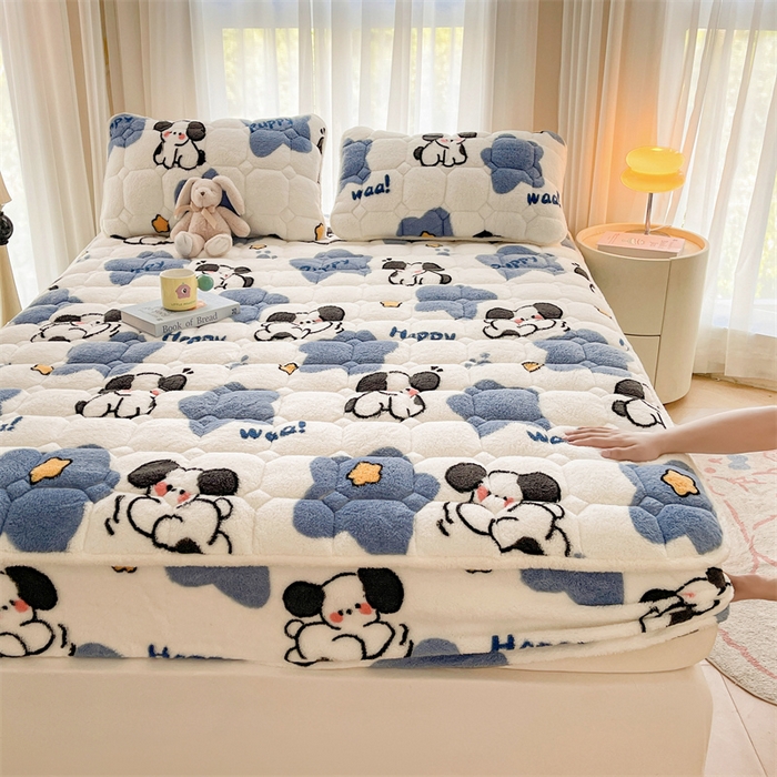 91家纺网 家纺一手货源 找家纺 雯豆家纺 2024冬款新品泰迪绒夹棉床笠三件套北极绒床垫保护套加厚保暖床笠 泰迪绒床笠-顽皮狗-兰