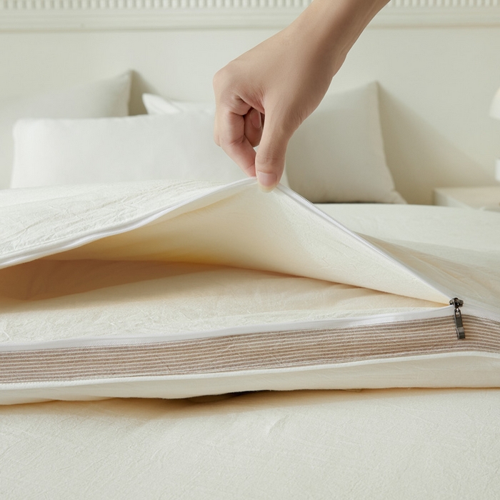 91家纺网 家纺一手货源 找家纺 创优家纺 2025新款良品针织棉子母被春秋被冬被二合一拉链款子母被 立体条纹-米白