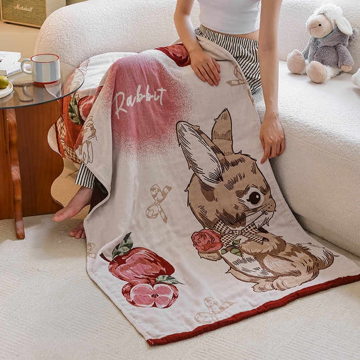 91家纺网 家纺一手货源 找家纺 雯雨家纺 2024新款四层全棉纱布浴巾加大毛巾80*160cm 小兔爱丽丝