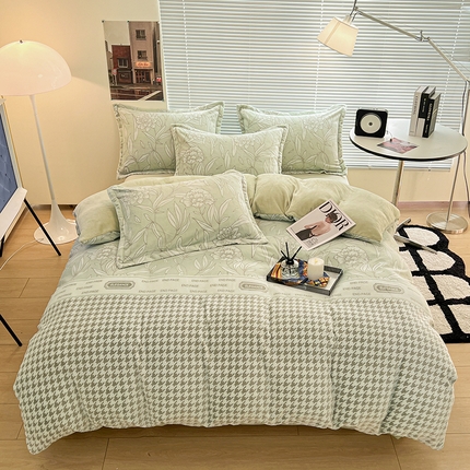 2024新款A类高克重立体浮雕牛奶绒加厚保暖简约风系列四件套 鸟语花香绿