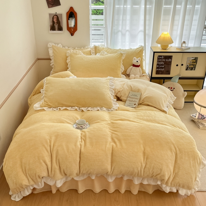 91家纺网 家纺一手货源 找家纺 星座家纺 2025新款牛奶绒花边床裙款四件套 床裙款-柠檬黄