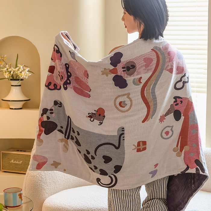 91家纺网 家纺一手货源 找家纺 雯雨家纺 2024新款四层全棉纱布浴巾加大毛巾80*160cm 漫画狗