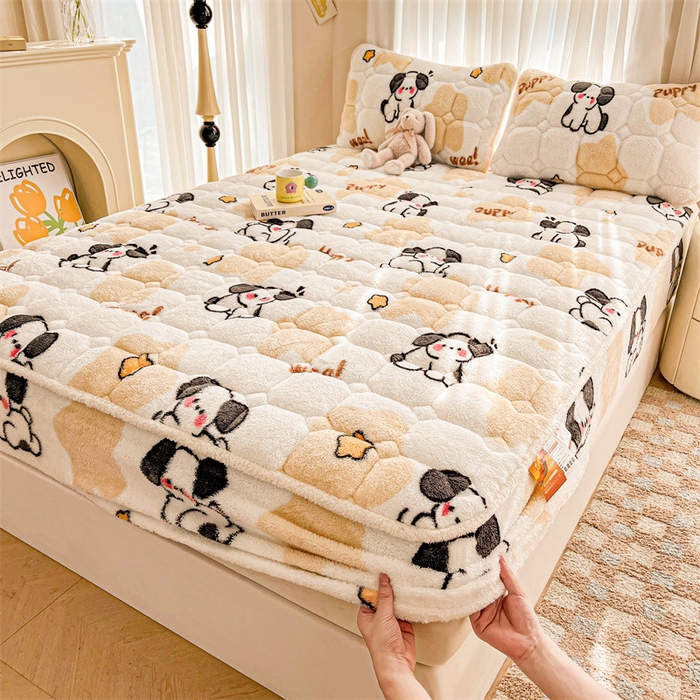 91家纺网 家纺一手货源 找家纺 雯豆家纺 2024冬款新品泰迪绒夹棉床笠三件套北极绒床垫保护套加厚保暖床笠 泰迪绒床笠-顽皮狗-咖