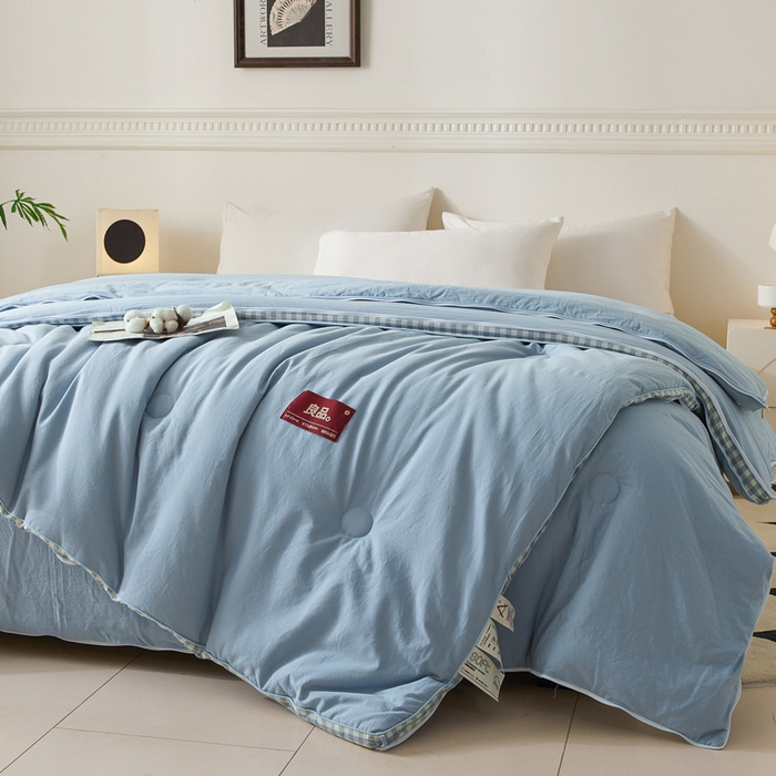 91家纺网 家纺一手货源 找家纺 创优家纺 2025新款良品针织棉子母被春秋被冬被二合一拉链款子母被 立体蓝小格-蓝