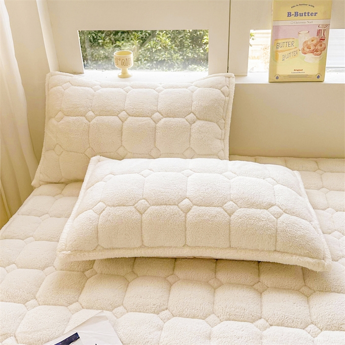 91家纺网 家纺一手货源 找家纺 雯豆家纺 2024新款泰迪绒床垫床护垫加厚北极绒床褥子印花小清新床垫子 泰迪绒床褥-奶昔白