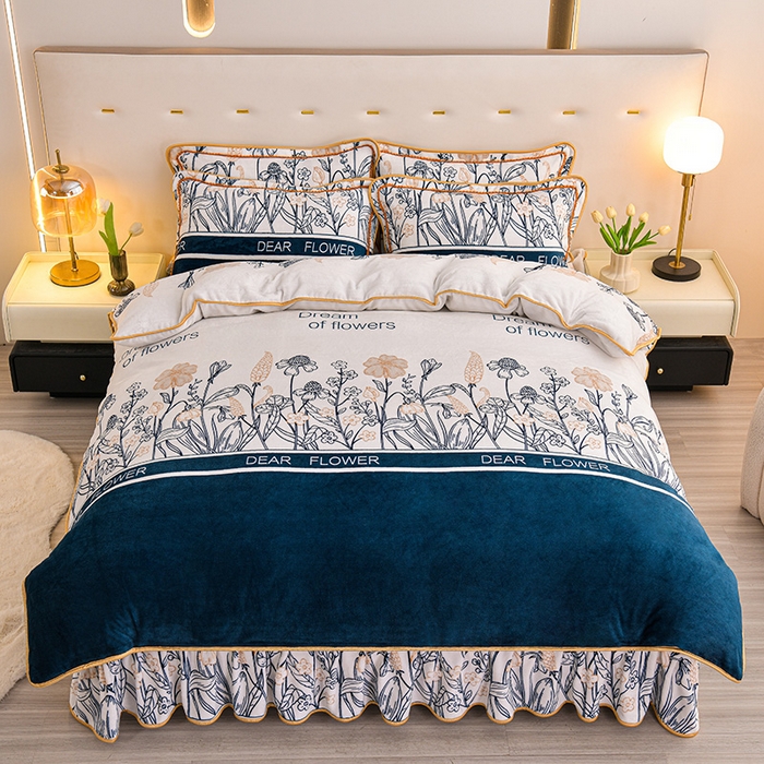 91家纺网 家纺一手货源 找家纺 赫本家纺  2025新品8-9斤爆品牛奶绒四件套床裙款金雕绒法莱绒四套件 浪漫生活