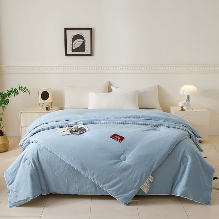 91家纺网 家纺一手货源 找家纺 创优家纺 2025新款良品针织棉子母被春秋被冬被二合一拉链款子母被 立体蓝小格-蓝