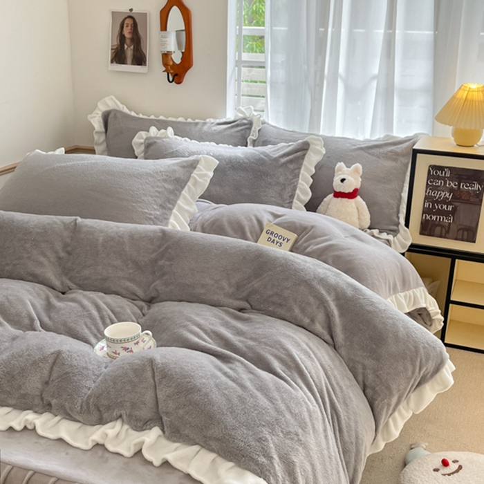 91家纺网 家纺一手货源 找家纺 星座家纺 2025新款牛奶绒花边床裙款四件套 床裙款-雅士灰