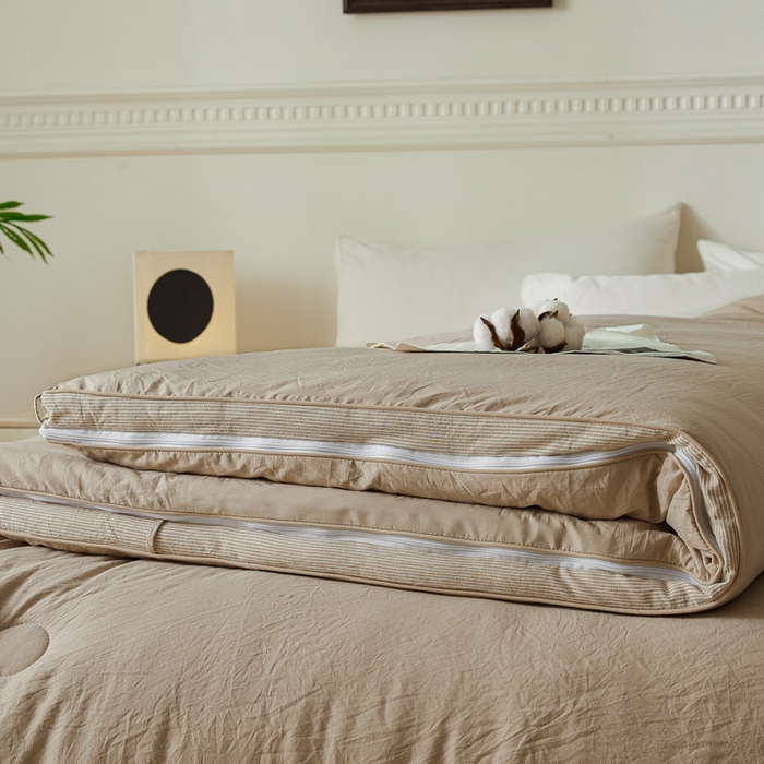 91家纺网 家纺一手货源 找家纺 创优家纺 2025新款良品针织棉子母被春秋被冬被二合一拉链款子母被 立体条纹-卡其