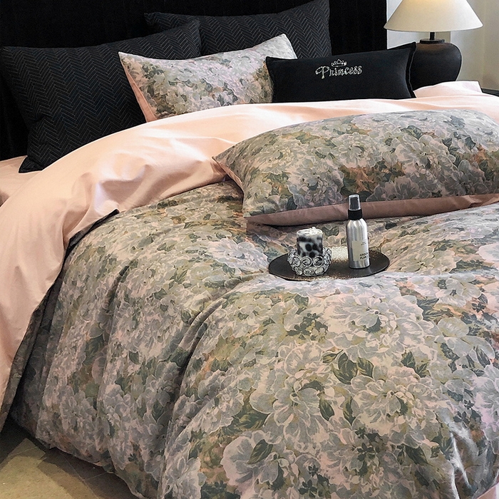 91家纺网 家纺一手货源 找家纺 立奥被业 2024新款全棉高密磨毛数码印花四件套 墨兰粉