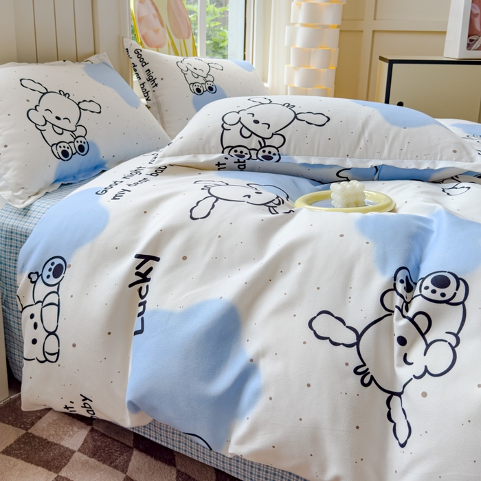 91家纺网 家纺一手货源 找家纺 佑佳家纺 2024新款140克磨毛印花植物羊绒单被套磨毛四件套 乐萌小宠