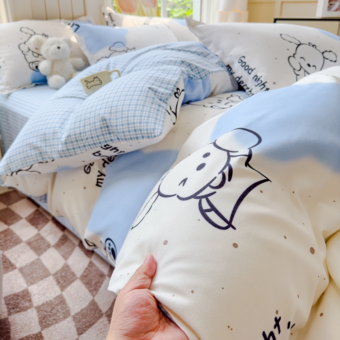 91家纺网 家纺一手货源 找家纺 佑佳家纺 2024新款140克磨毛印花植物羊绒单被套磨毛四件套 乐萌小宠