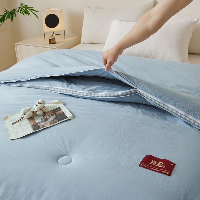 91家纺网 家纺一手货源 找家纺 创优家纺 2025新款良品针织棉子母被春秋被冬被二合一拉链款子母被 立体蓝小格-蓝