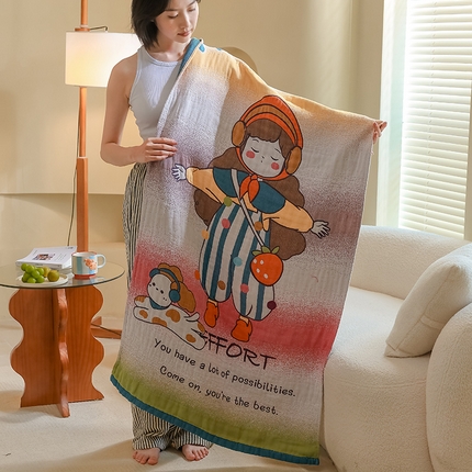 雯雨家纺 2024新款四层全棉纱布浴巾加大毛巾80*160cm 草莓女孩