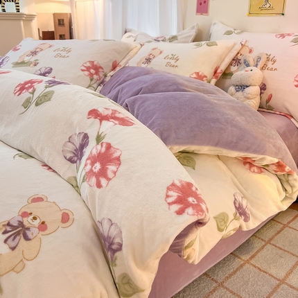 2024新款A类高克重时尚风牛奶绒加厚保暖系列套件单品-四件套 牵牛花小熊