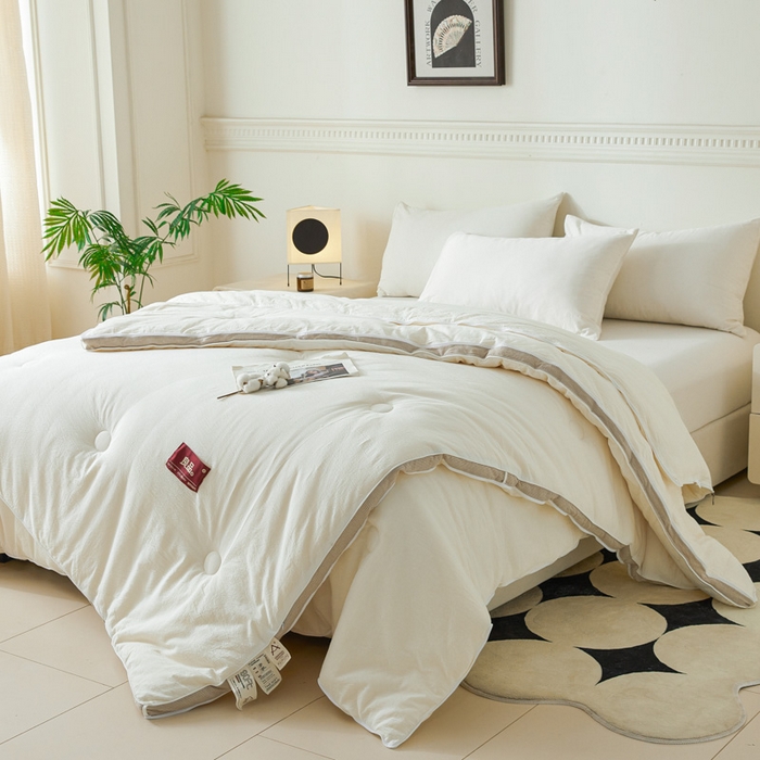 91家纺网 家纺一手货源 找家纺 创优家纺 2025新款良品针织棉子母被春秋被冬被二合一拉链款子母被 立体条纹-米白