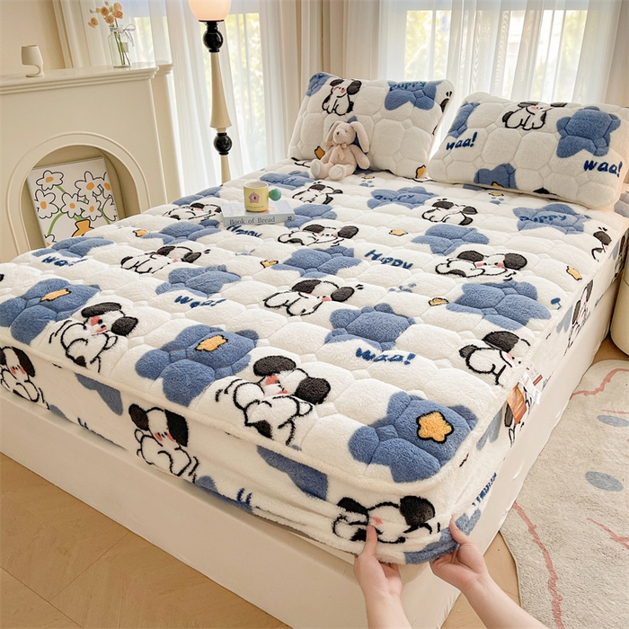 91家纺网 家纺一手货源 找家纺 雯豆家纺 2024冬款新品泰迪绒夹棉床笠三件套北极绒床垫保护套加厚保暖床笠 泰迪绒床笠-顽皮狗-兰