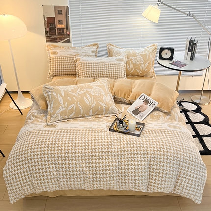 2024新款A类高克重立体浮雕牛奶绒加厚保暖简约风系列四件套 鸟语花香卡其