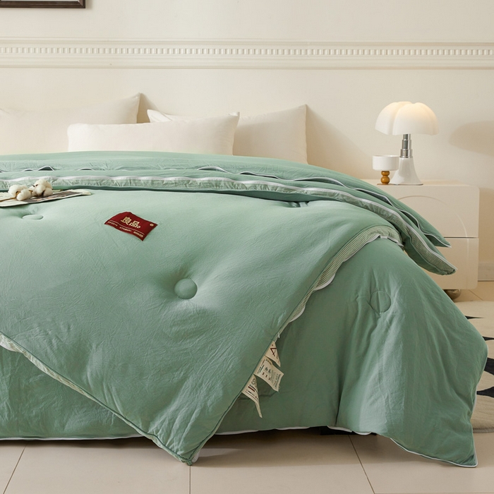 91家纺网 家纺一手货源 找家纺 创优家纺 2025新款良品针织棉子母被春秋被冬被二合一拉链款子母被 立体条纹-松绿