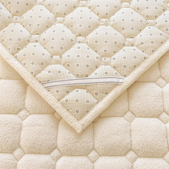 91家纺网 家纺一手货源 找家纺 雯豆家纺 2024新款泰迪绒床垫床护垫加厚北极绒床褥子印花小清新床垫子 泰迪绒床褥-奶昔白