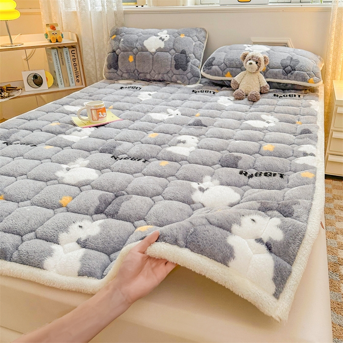 91家纺网 家纺一手货源 找家纺 雯豆家纺 2024新款泰迪绒床垫床护垫加厚北极绒床褥子印花小清新床垫子 泰迪绒床褥-尤拉