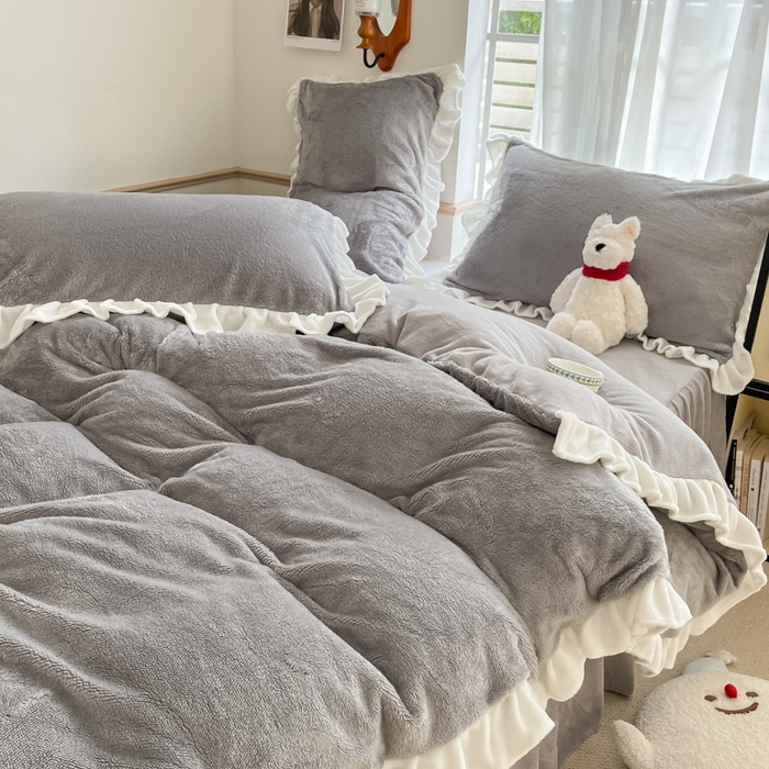 91家纺网 家纺一手货源 找家纺 星座家纺 2025新款牛奶绒花边床裙款四件套 床裙款-雅士灰