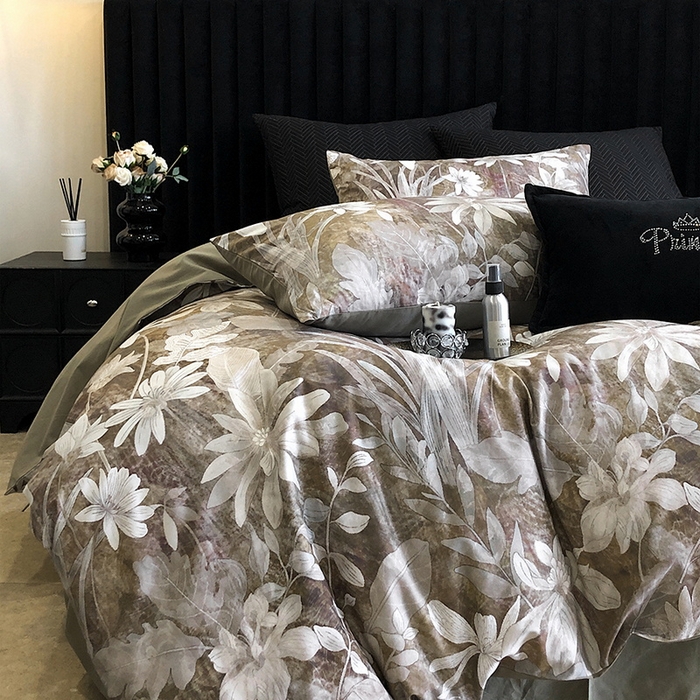 91家纺网 家纺一手货源 找家纺 立奥被业 2024新款全棉高密磨毛数码印花四件套 青棠绿