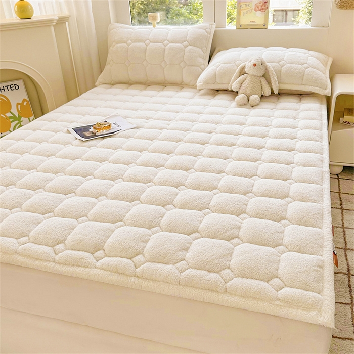 91家纺网 家纺一手货源 找家纺 雯豆家纺 2024新款泰迪绒床垫床护垫加厚北极绒床褥子印花小清新床垫子 泰迪绒床褥-奶昔白