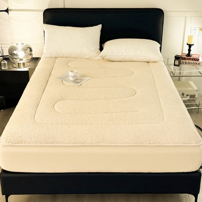 91家纺网 家纺一手货源 找家纺 雯豆家纺 2024新款加厚羊羔绒夹棉床笠纯色素色保暖床垫保护套 羊羔绒床笠-浅咖