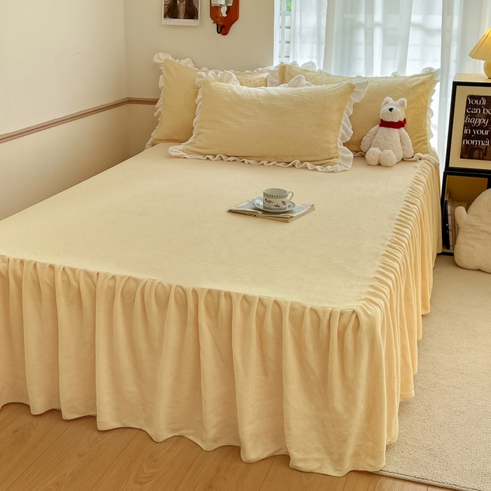 91家纺网 家纺一手货源 找家纺 星座家纺 2025新款牛奶绒花边床裙款四件套 床裙款-柠檬黄