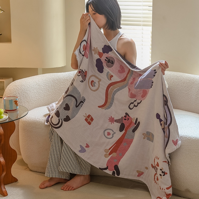 91家纺网 家纺一手货源 找家纺 雯雨家纺 2024新款四层全棉纱布浴巾加大毛巾80*160cm 漫画狗