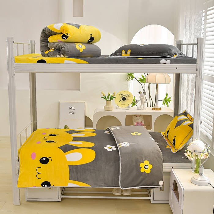 91家纺网 家纺一手货源 找家纺 绒品荟家纺 2025新款加厚牛奶绒三件套金貂绒法莱绒冬季床单款床笠款学生宿舍单人三件套 迷你兔