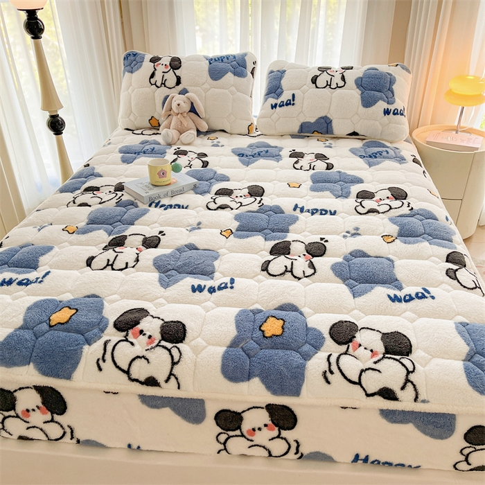 91家纺网 家纺一手货源 找家纺 雯豆家纺 2024冬款新品泰迪绒夹棉床笠三件套北极绒床垫保护套加厚保暖床笠 泰迪绒床笠-顽皮狗-兰