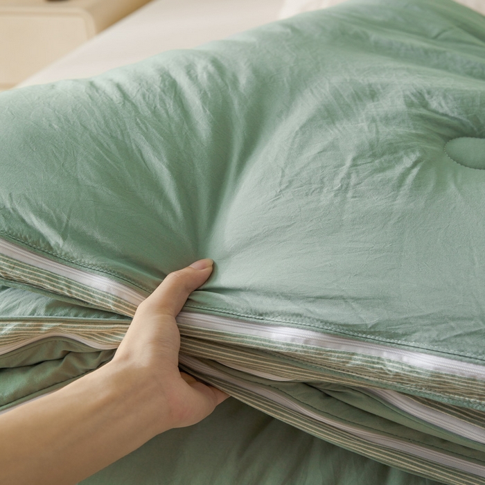 91家纺网 家纺一手货源 找家纺 创优家纺 2025新款良品针织棉子母被春秋被冬被二合一拉链款子母被 立体条纹-松绿