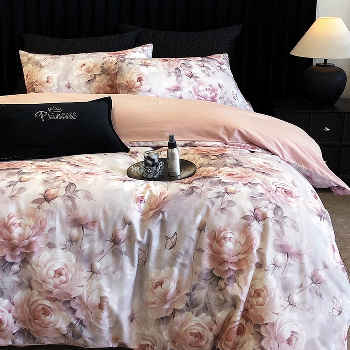 91家纺网 家纺一手货源 找家纺 立奥被业 2024新款全棉高密磨毛数码印花四件套 希雅粉