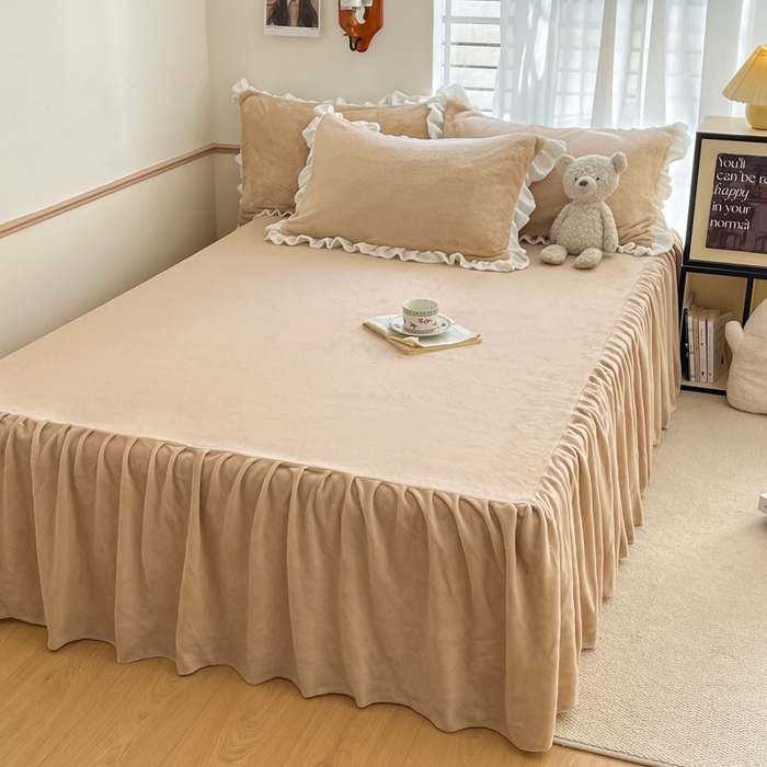 91家纺网 家纺一手货源 找家纺 星座家纺 2025新款牛奶绒花边床裙款四件套 床裙款-杏仁