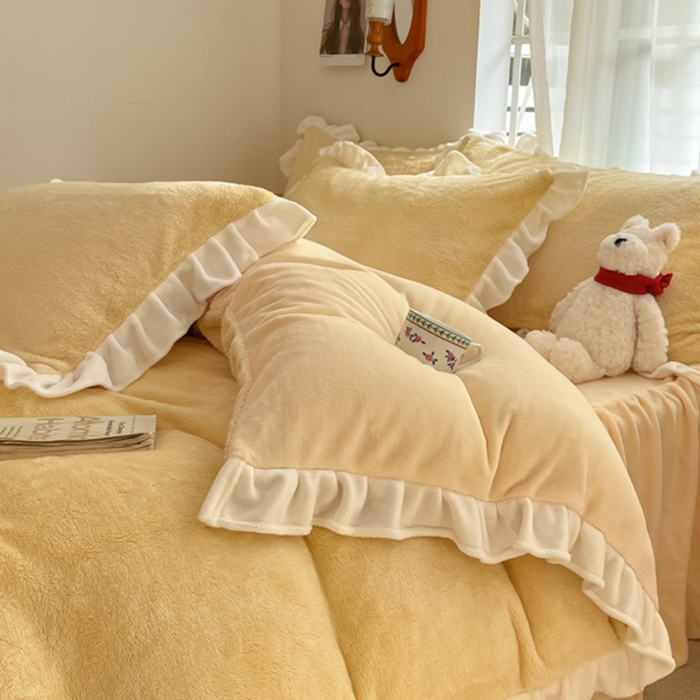 91家纺网 家纺一手货源 找家纺 星座家纺 2025新款牛奶绒花边床裙款四件套 床裙款-柠檬黄